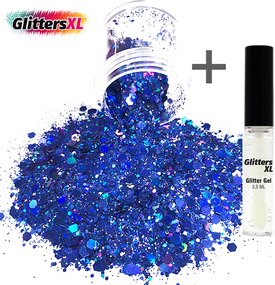 GlittersXL - Chunky Glitters (Blauw) (Volume 8g) + Glitter Huid Lijm [Festival Makeup Gezicht Lichaam - Face Body Glitter - Biologisch afbreekbaar - Versiering Dames Volwassen Kinderen]